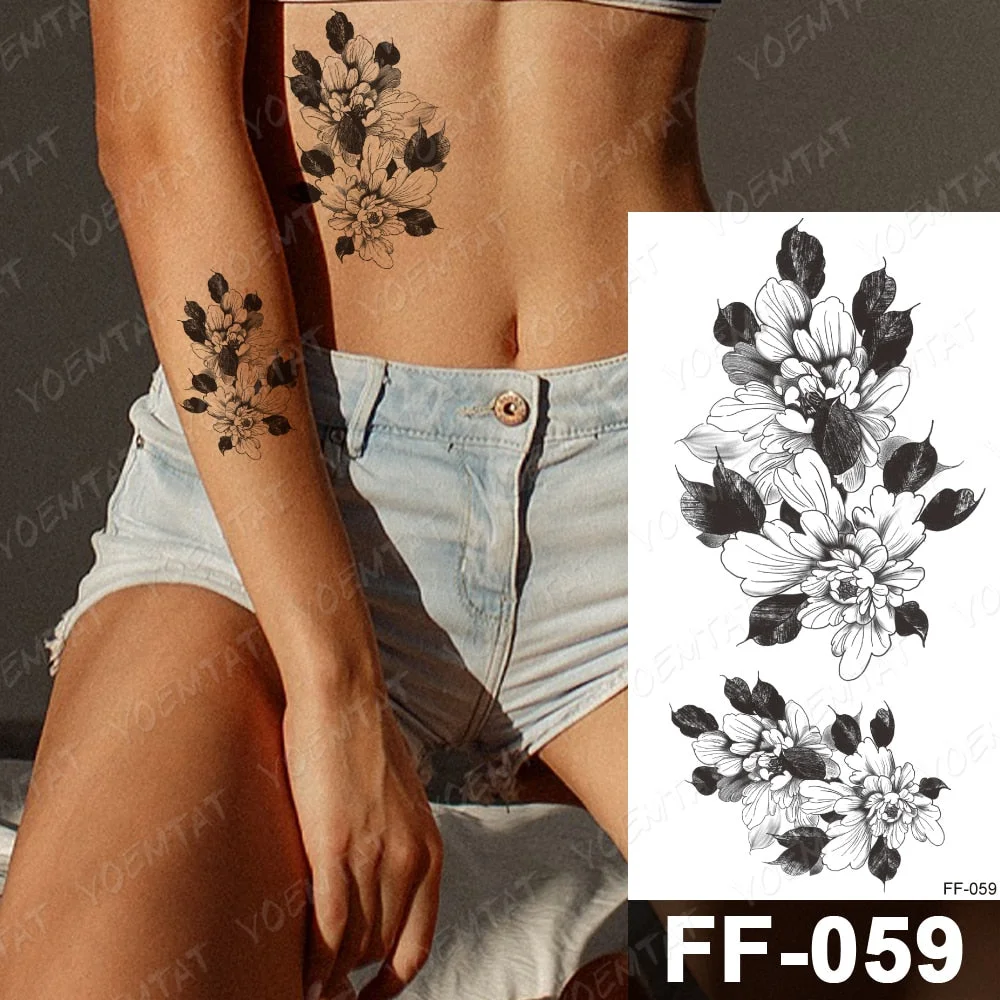 Waterproof Temporary Tattoo Stickers Peony Rose Flower Gun Flash Tattoos Female Black Sketch Body Art Arm Sexy Fake Tatto Male