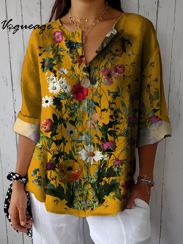 Bright Dazzling And Comfortable Flowers Printed Cotton And Linen Shirt