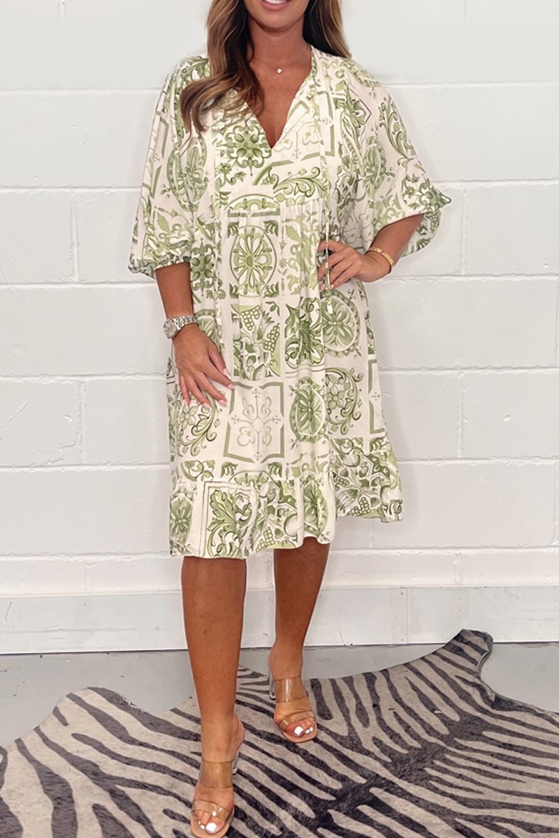 Ink printed puff sleeve dress