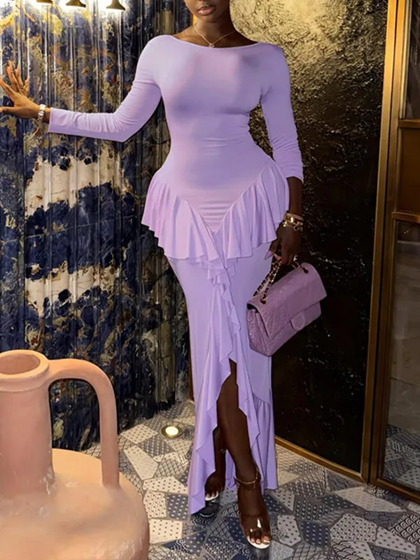 Mesh Ruffle Slit Dress Solid Ruffle Slit Dress