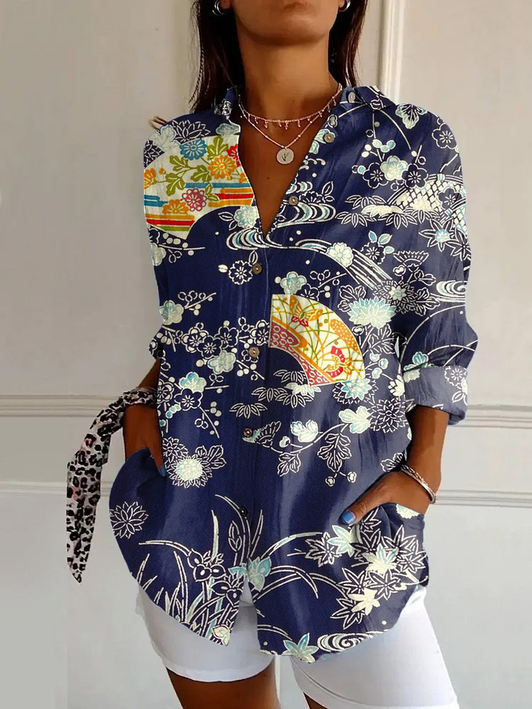 Japanese Classic Plum Blossom Art Print Casual Long-sleeved Shirt