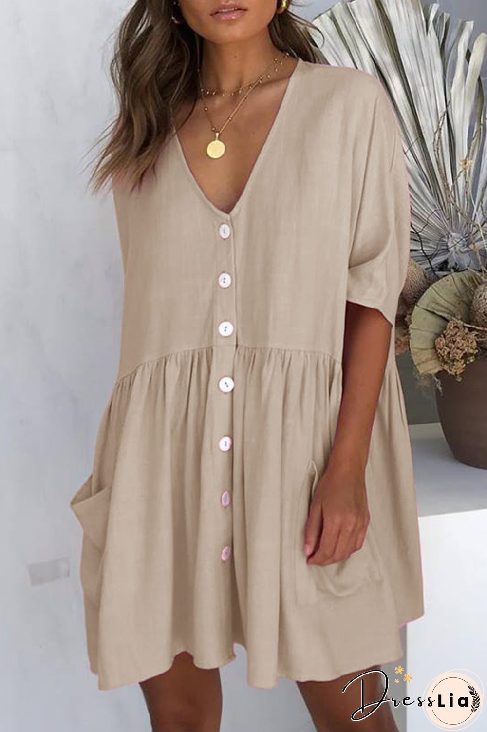 Casual Solid Pocket Buckle V Neck A Line Dresses