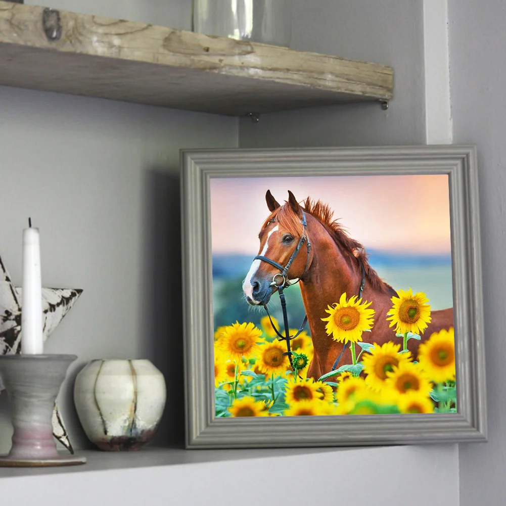 Full Square Diamond Painting 35*35cm - Red Horse In Sunflower Field