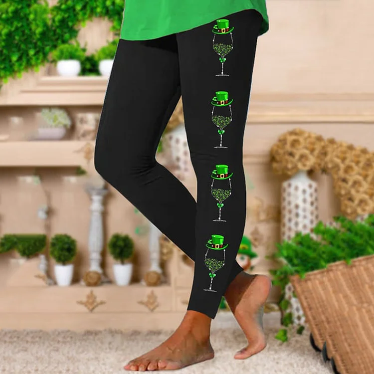 VChics St. Patrick's Day Glitter Wine Glass Print Leggings