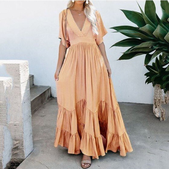 Maternity Maxi Dresses For Women Summer 2022 Loose Flounced Edge V Neck Solid Color High Waist Bohemian Beach Long Dress