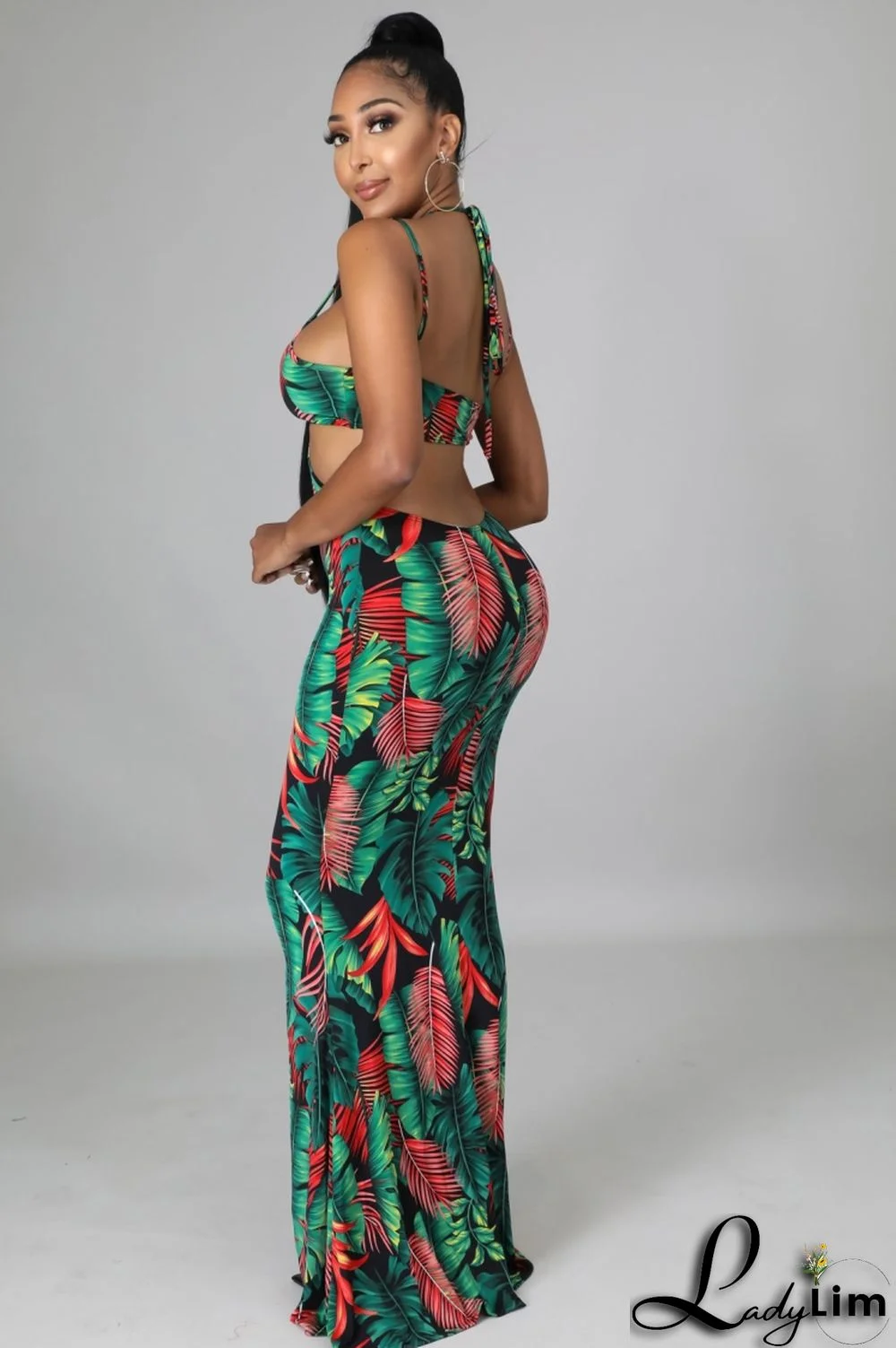 Summer Sexy Floral Green Hollow Out Halter Strap Mermaid Long Dress