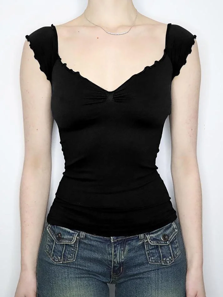 Brownm V-Neck Short Sleeve Backless Top