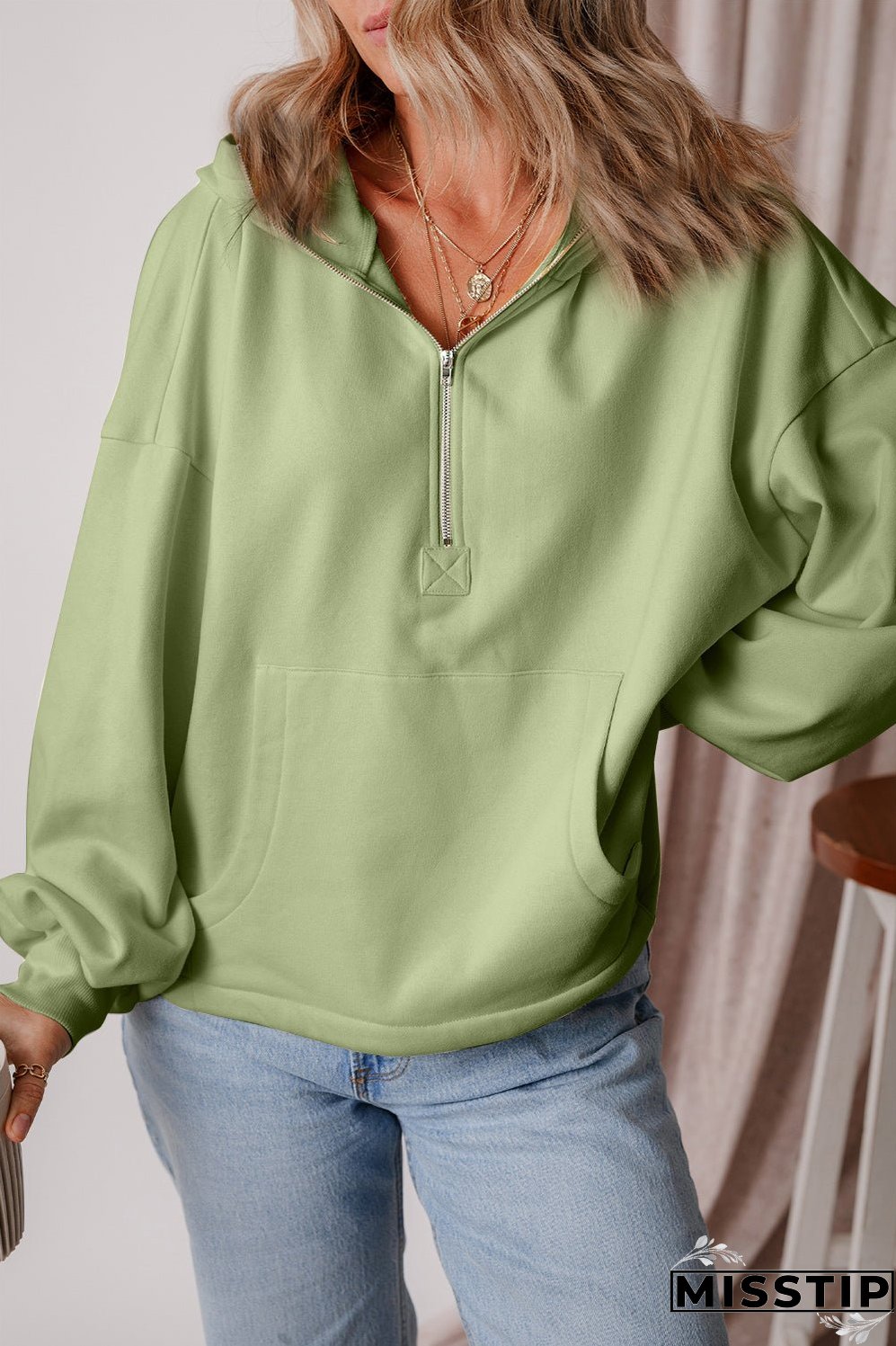 Pocketed Half Zip Dropped Shoulder Hoodie