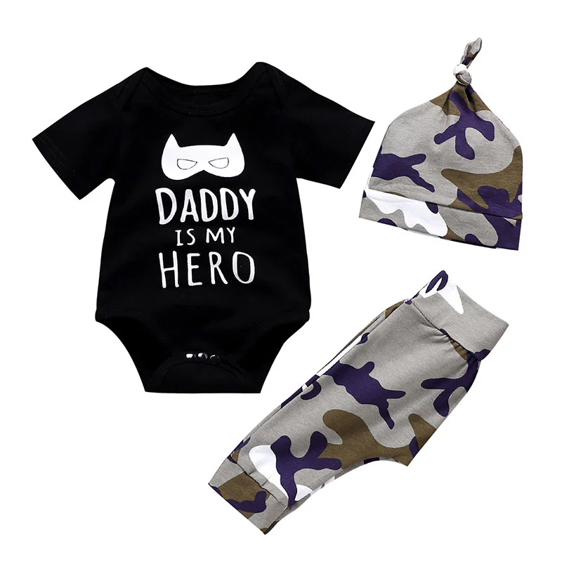 Wisefin Boy Clothing Infant Camo Black Baby Clothes Set Summer For Boy 3 Piece Cartoon Print Kids Outfit With Hat For Newborn