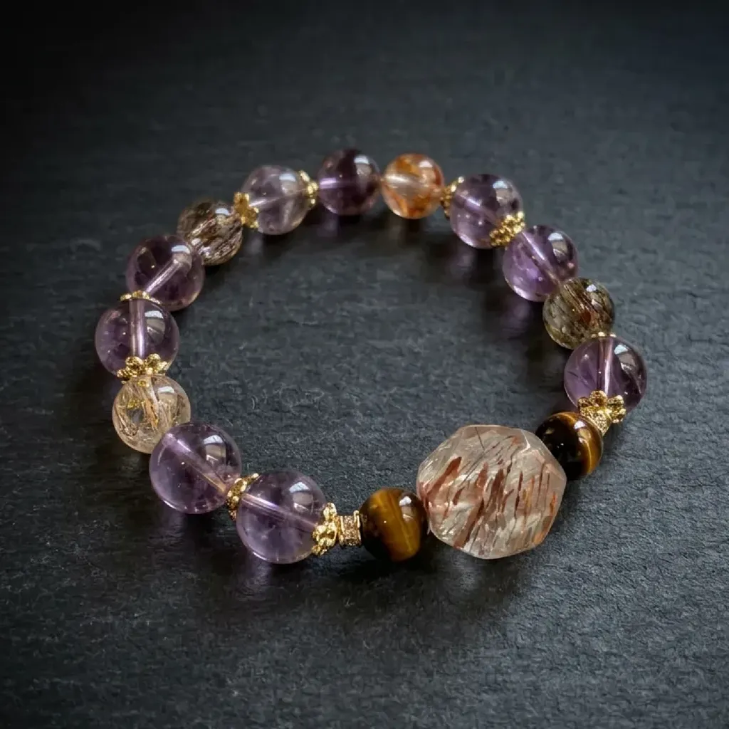 JiStones | The Ethereal Amethyst & Tiger Eye Empowerment Bracelet Deep Amethyst & Golden Tiger Eye (9-10mm)