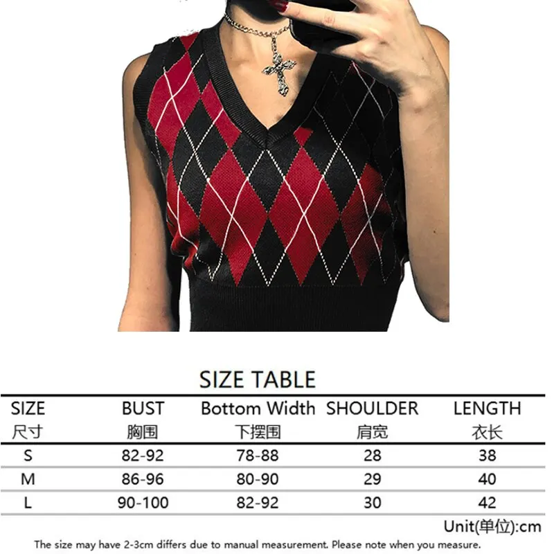 Argyle Sweater Vest Women  Black Sleeveless Plaid Knitted Crop Sweaters Casual Autumn Preppy Style 2020 tops V Neck Vintage