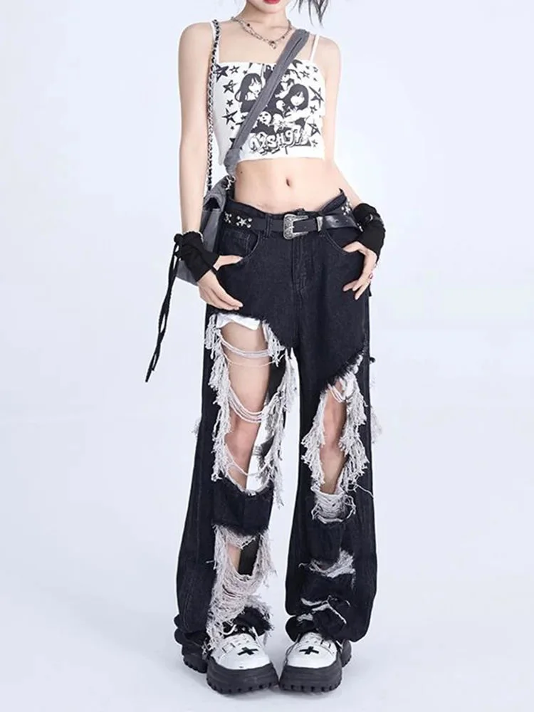 Oocharger High Street Women Ripped Jeans Y2K High Waist Hole Fashion Tassel Female Denim Pants Designed Spring Trousers