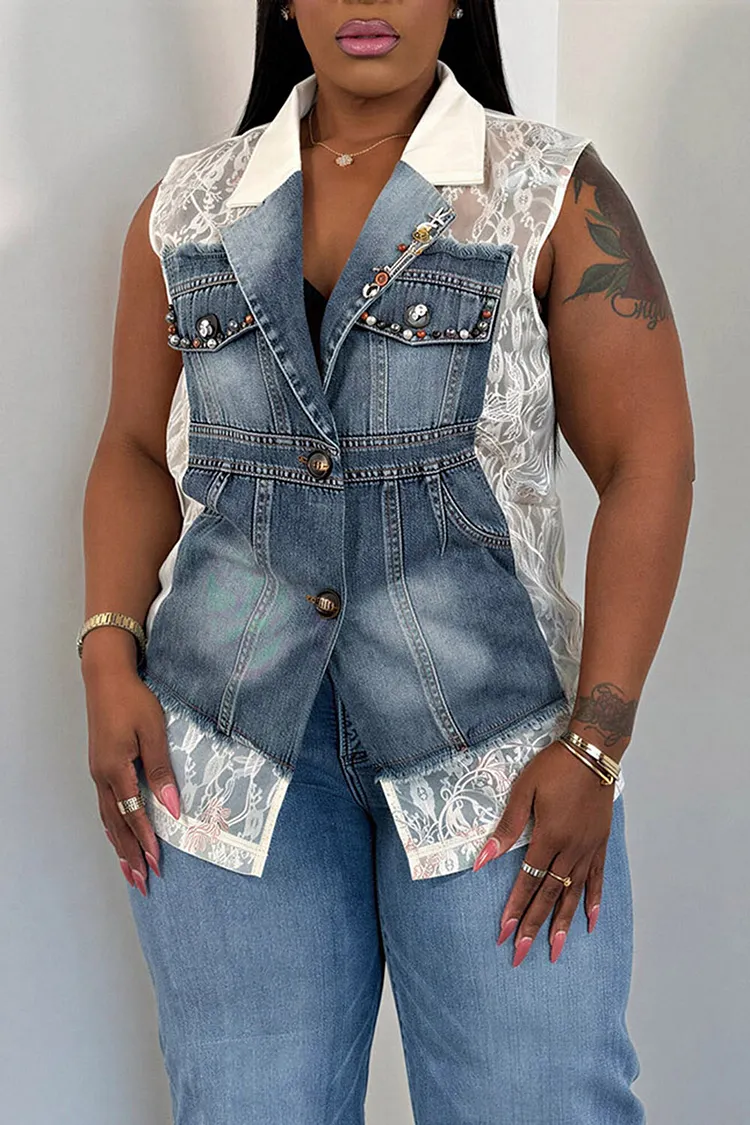 Plus Size Business Casual Lace Light Blue Turndown Collar Contrast See Through Denim Blazer [Pre-Order] 2024 - Xpluswear