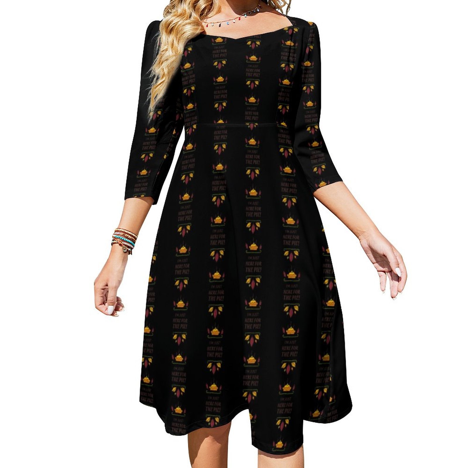 Im Just Here For The Pie Happy Thanksgiving Dress Sweetheart Tie Back Flared 3/4 Sleeve Midi Dresses