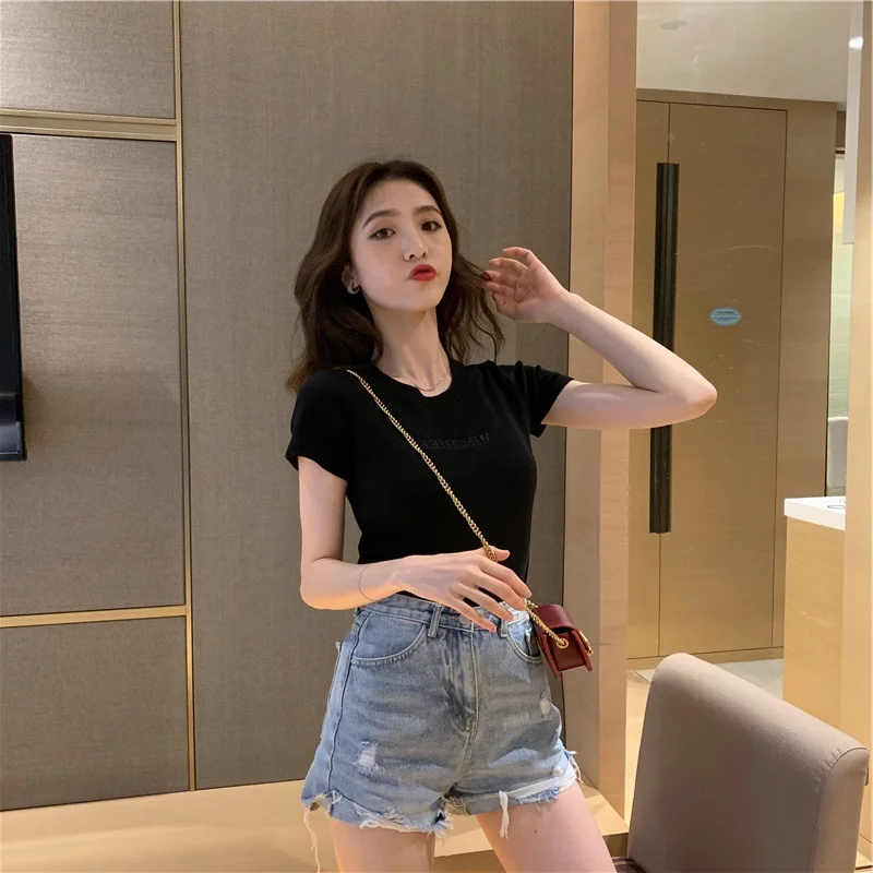 Brownm Brownm 2024 New Korean Letter Embroidered Slim Short-Sleeve T-Shirt Women's Wear