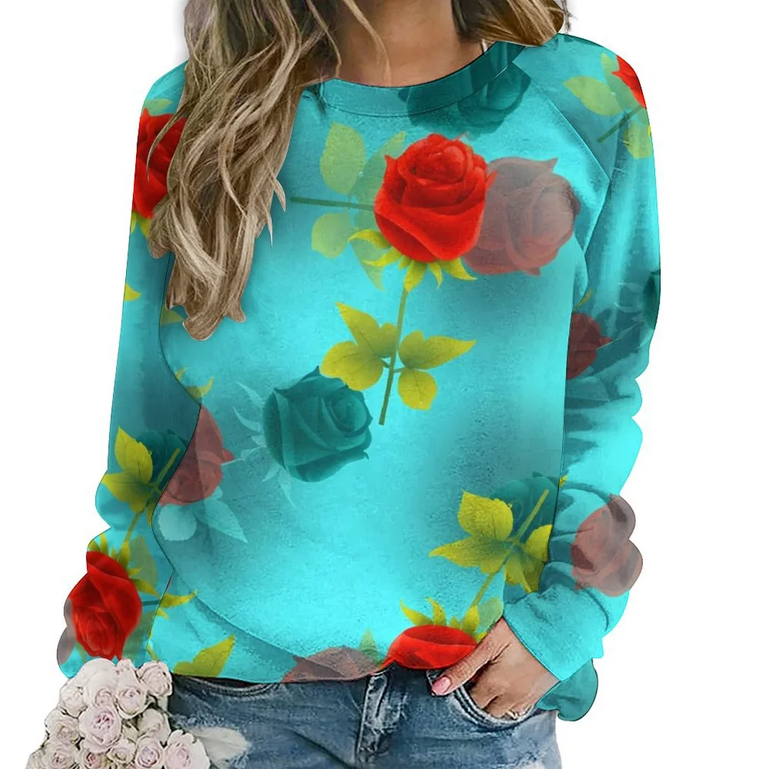 Printed Long Sleeve Casual Sweatshirt for  Women and Men Unisex Pattern Turquoise, Floral, Rose