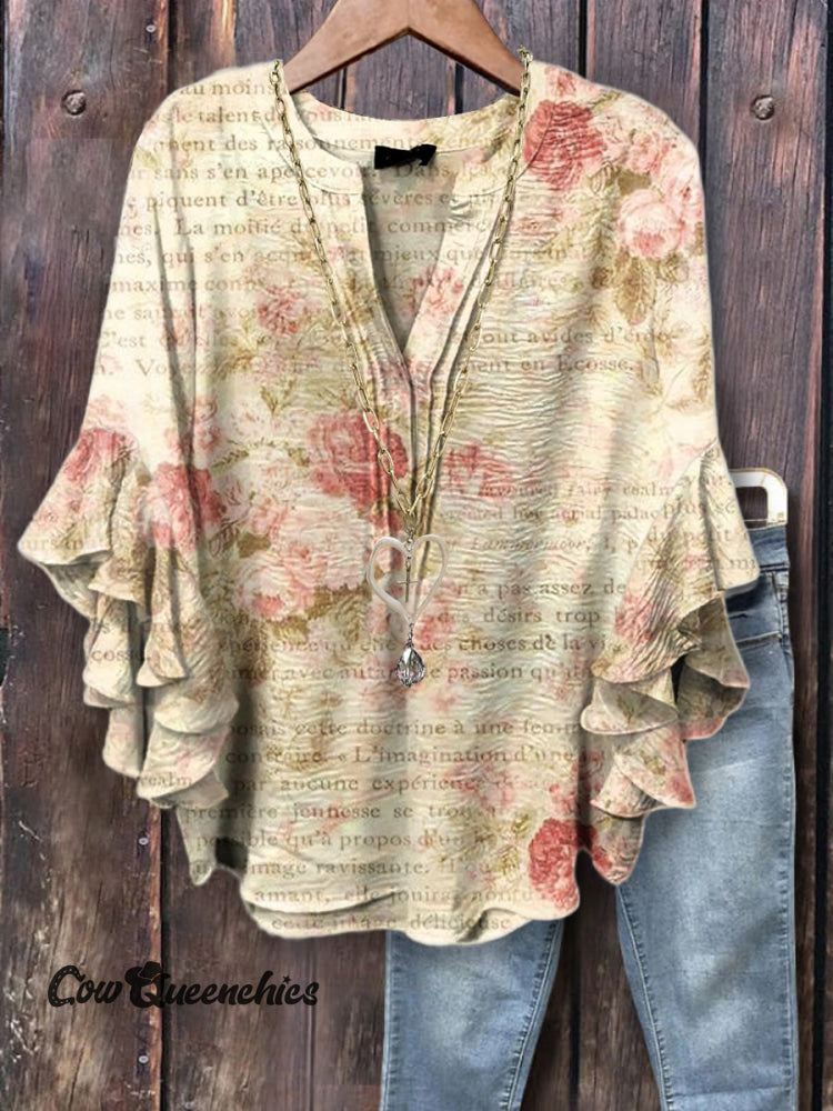 Women&rsquo;s Vintage Floral Art Print Casual Cotton And Linen Shirt Multicolor / S