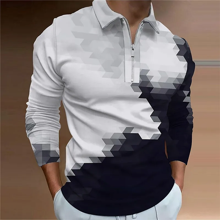 Men's Abstract Graphic Prints Turndown Long Sleeve Zipper Polo Shirt