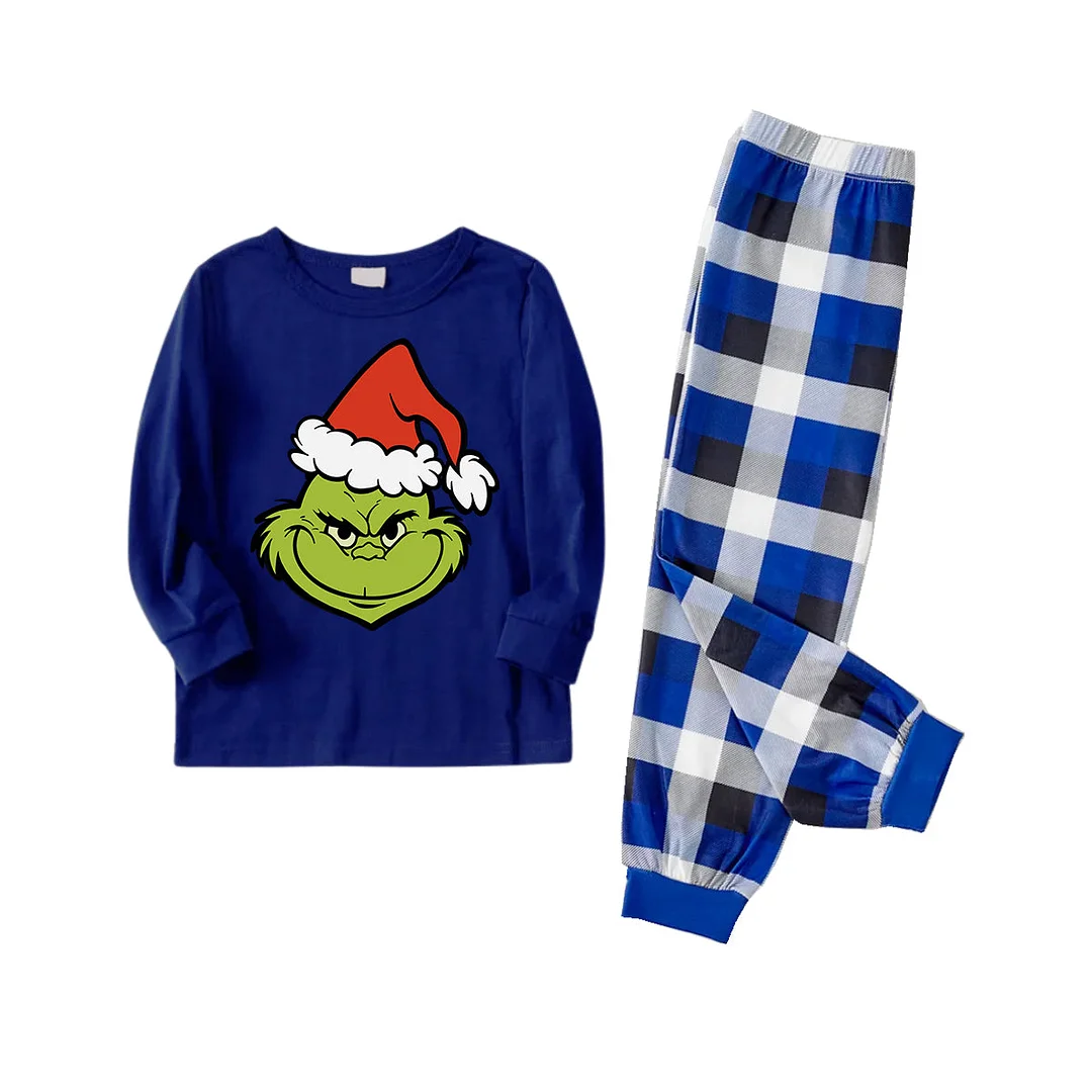 2024 Smile Green Elf Cartoon Pattern Contrast Navy Blue Long Sleeve with Blue&Black&White Plaid Pants Family Matching Pajamas