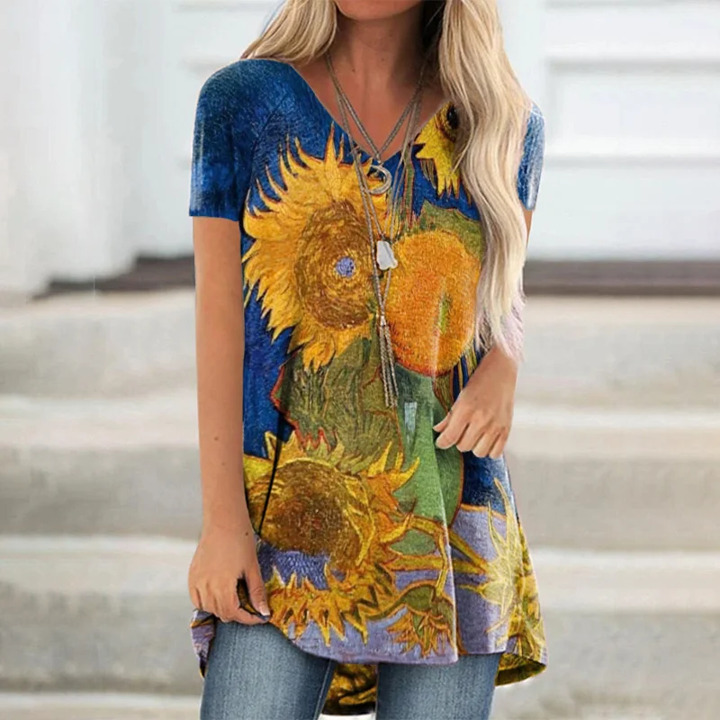 V Neck Sunflower Print Short Sleeve T-Shirt