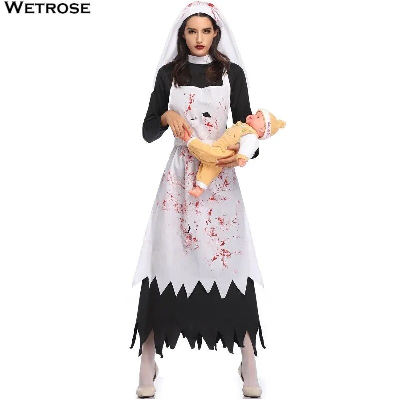 [Wetrose] In Stock Devil Nun Cosplay Costume Bloody Scary Demon Ghost Phantom Maid Halloween Full Set