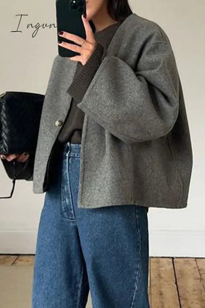 Ingvn - Casual Solid Buttons V Neck Outerwear Grey / S Outerwear/Blazer & Suits &Jacket