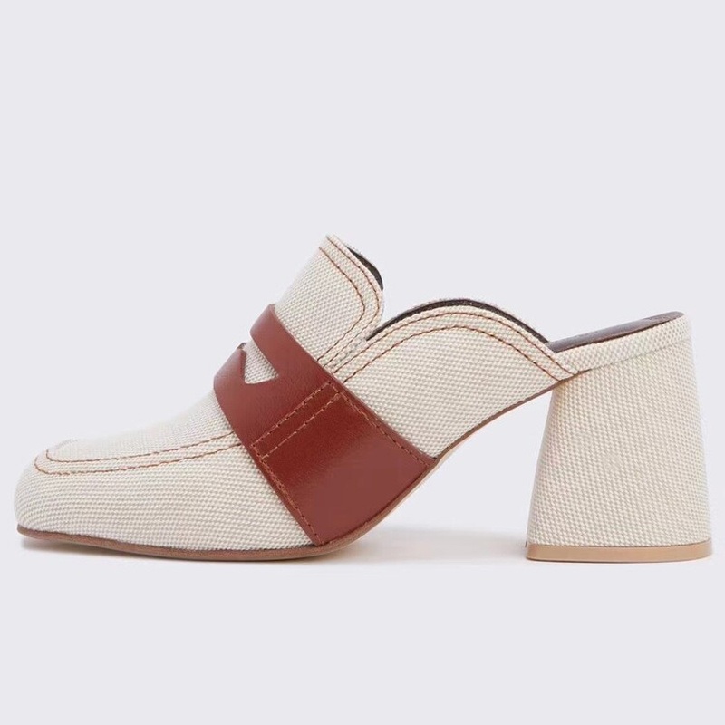GOOSHOE Square Toe Women High Chunky Heels Denim Fabric Sandals Belt Patchwork Dress Mules