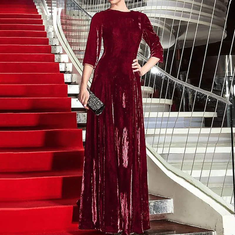 Round Neck Waist  Velvet Dress
