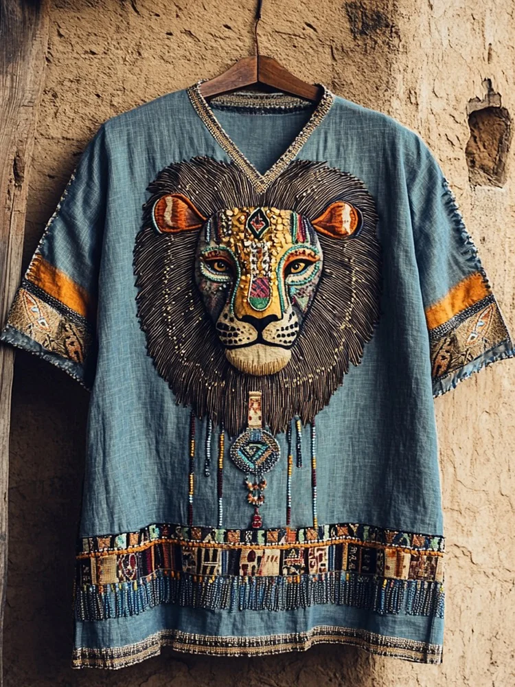 Men's African Lion Mask Art Linen T-shirt / Rvogue / Rvogue