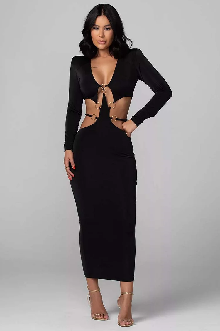 Irregular Cutout Plunge Neck Long Sleeve Midi Dresses-Black [Pre Order]