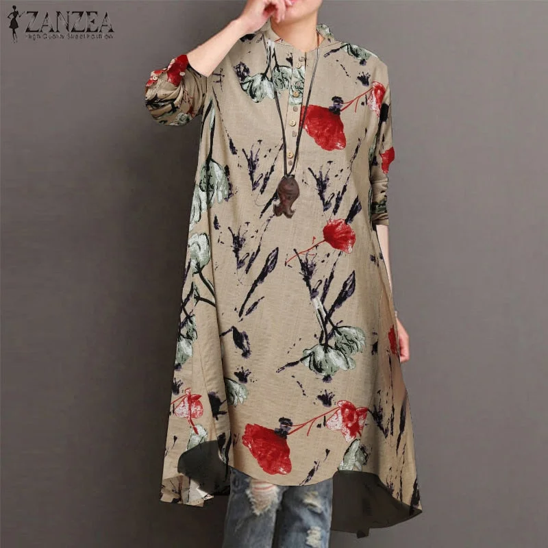 Bohemian Floral Printed Shirt ZANZEA Autumn Blouse Women Female Buttons Blusas Chemise Tunic Top Casual Long Sleeve Long Tops