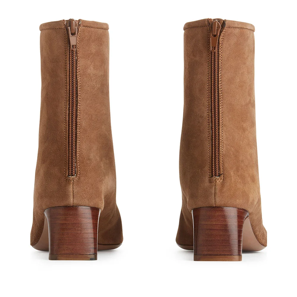 Brown Vegan Suede Square Toe Zipper Chunky Heel Short Boots for Women