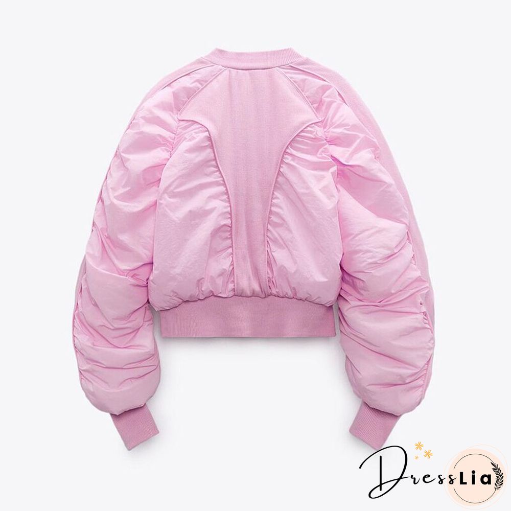 New Autumn Winter Women Pink Cropped Zipper Pockets Warm Fashion Parkas Baseball Jacket