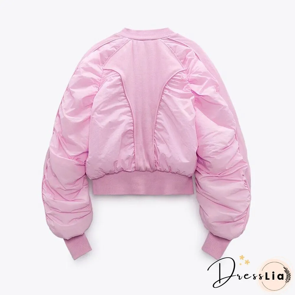 New Autumn Winter Women Pink Cropped Zipper Pockets Warm Fashion Parkas Baseball Jacket