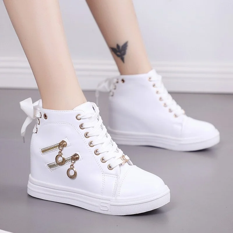 Qengg Shoes Woman High Top Spring Autumn 2022 Female Fashion Casual Shoes Zipper Hided Wedge Lady Sneakers White Shoes