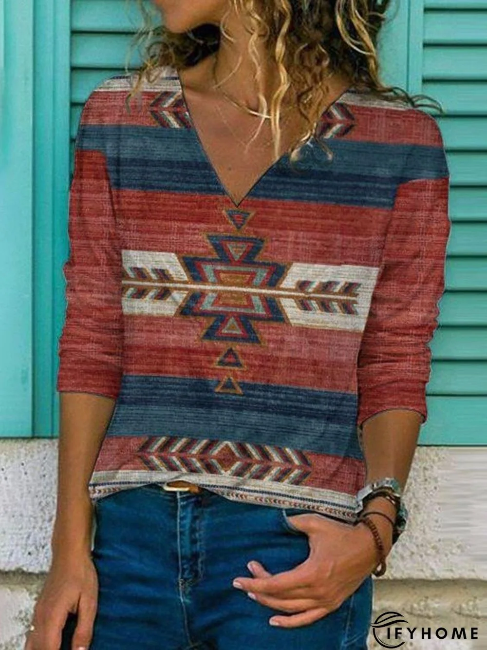 Western ethnic print V-neck long sleeve T-shirt | IFYHOME