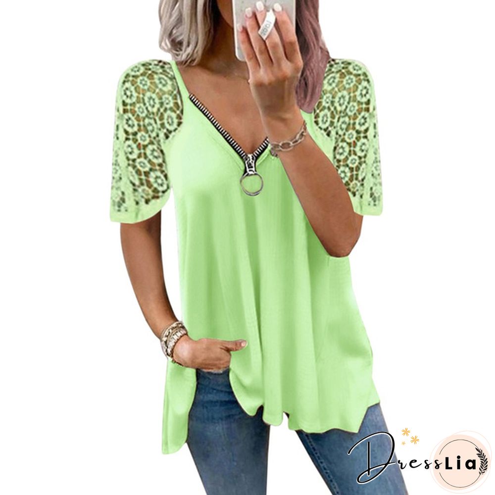 Summer Womens Lace Stitching Short Sleeve Tops Solid Color Loose T-Shirt Fashion Casual
