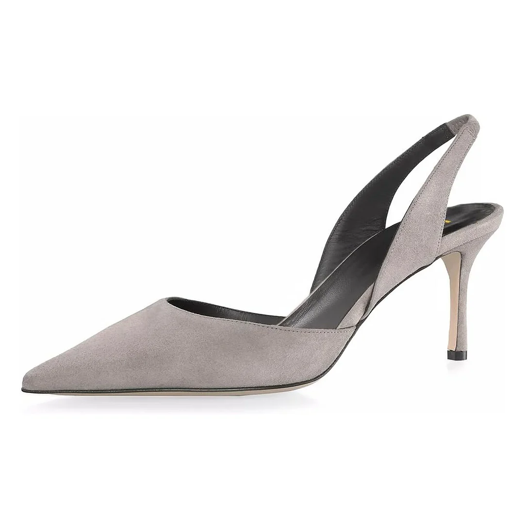 Vegan Suede Stiletto Heel Pointed Toe Slingback Pumps Shoes in Grey