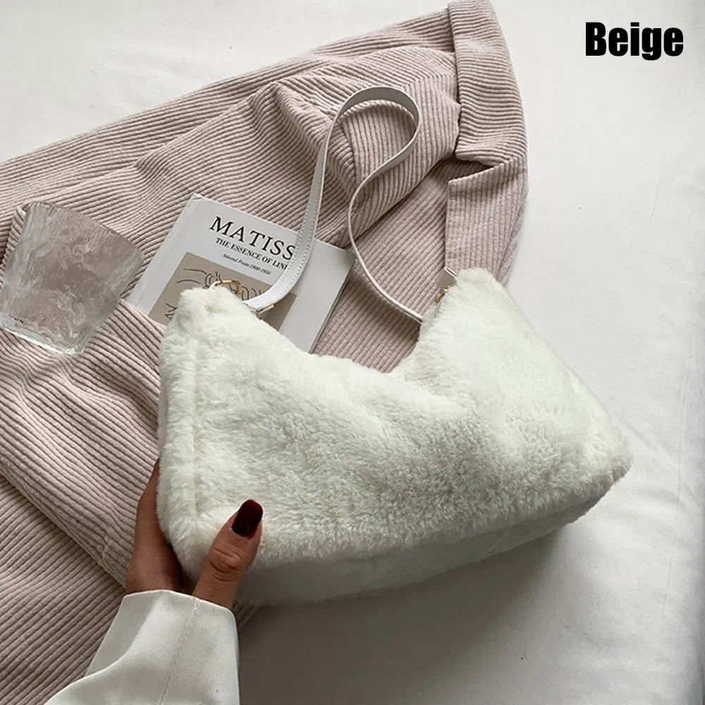 Retro Solid Underarm Bags For Women 2022 Soft Plush Shoulder Bags Female Large Capacity Travel Bag Winter Warm Fluffy Totes Gift