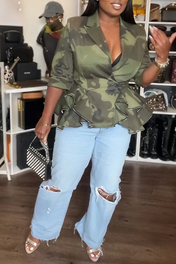 Plus Size Business Casual Army Green Camo Lapel Collar Short Sleeve Ruffle Casual Jacket