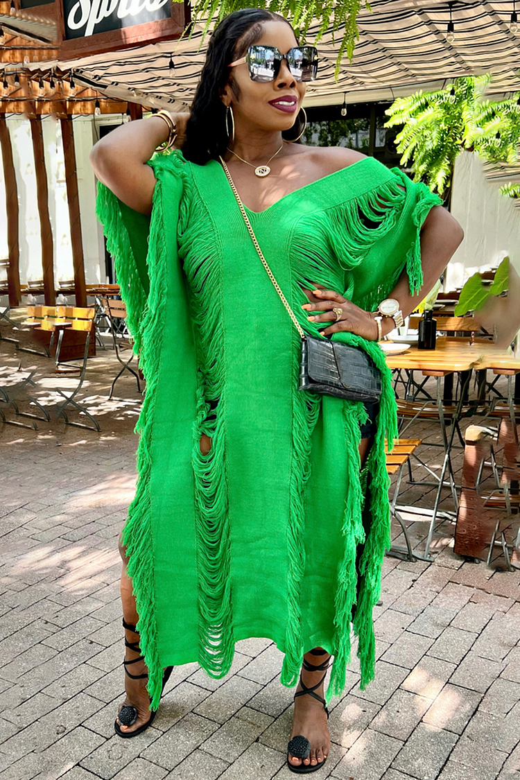 Knit V Neck Half Sleeve Loose Fit Side Slit Fringed Long Cover Ups-Green