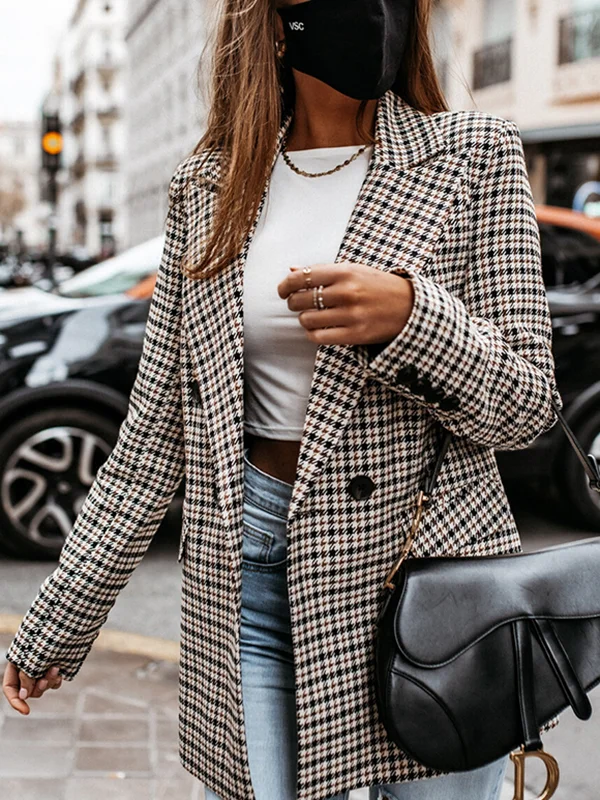 Long Sleeves Loose Buttoned Houndstooth Notched Collar Blazer Outerwear