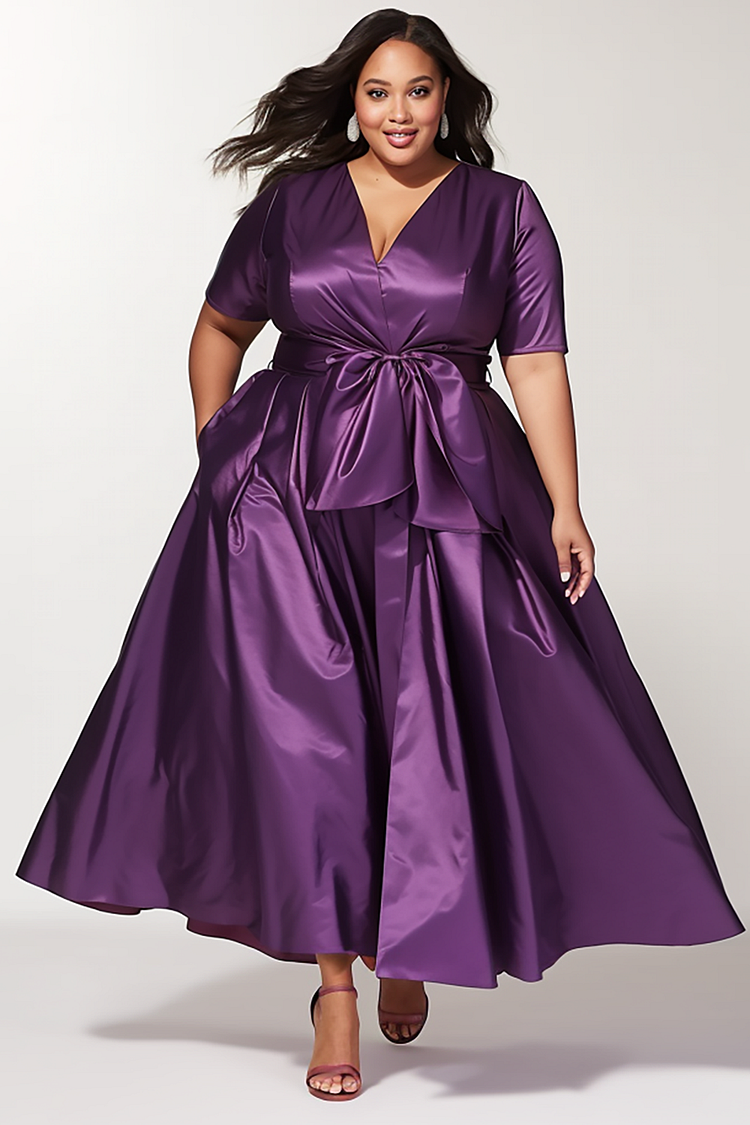 Xpluswear Design Plus Size Semi Formal Casual Purple V Neck Short Sleeve Bow Tie Pocket Satin Midi Dresses