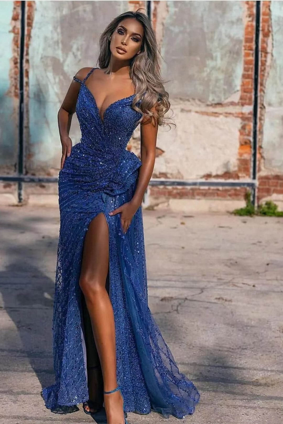 Sequins Royal Blue Off-The-Shoulder Evening Dress Split Mermaid | Ballbellas Ballbellas