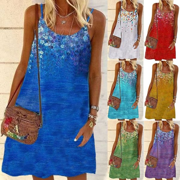 New Summer Fashion Floral Printed Dress For Women Sleeveless Casual Sling Dresses Knee Length Plus Size Spaghetti Strap Dress - BlackFridayBuys