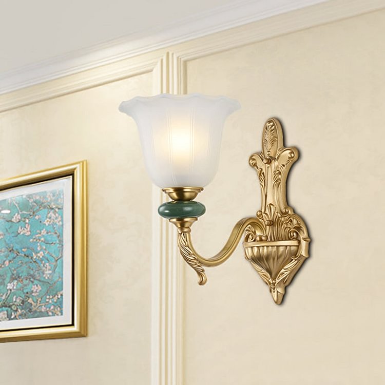 1/2-Head Bell Wall Light Sconce Vintage Style Opal Glass Wall Mount Lamp with Golden Curved Arm for Bedside