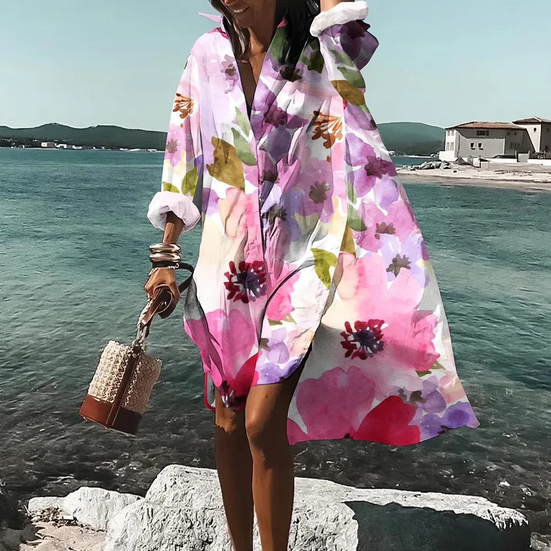 Floral Printed Button Long Sleeve Midi Dress