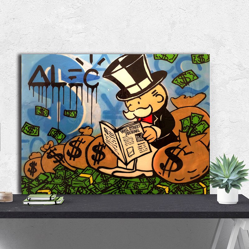 Reading In The Money Pile Graffiti Alec Monopolyingly Poster Painting On Canvas Bedroom Wall Art Decoration Pictures Home Decor