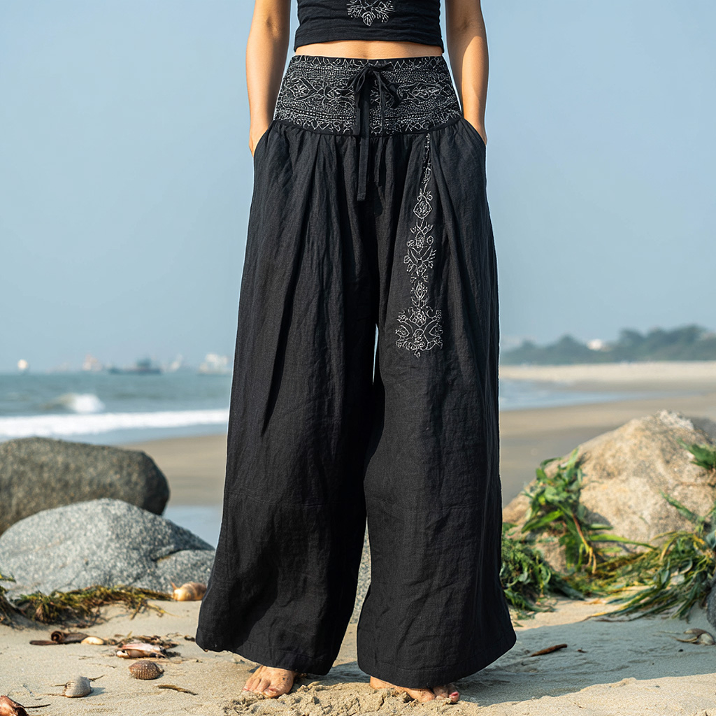 Bohemian Holiday Style Loose Casual Black Embroidered Wide-Leg Pants With High Waist