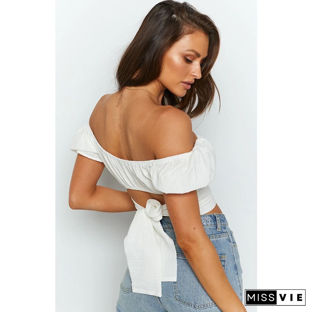 Bohemian Lantern Short-sleeved Umbilical Strap Short Shirt Pleated Solid Color Small Shirt Heritage Wrap Top